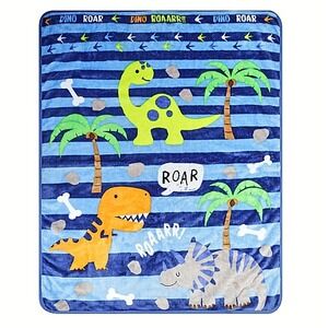 Everyday Kids Blue Stripe Dinosaur Baby Blanket‎ Toddler Soft Polyester Roar NEW